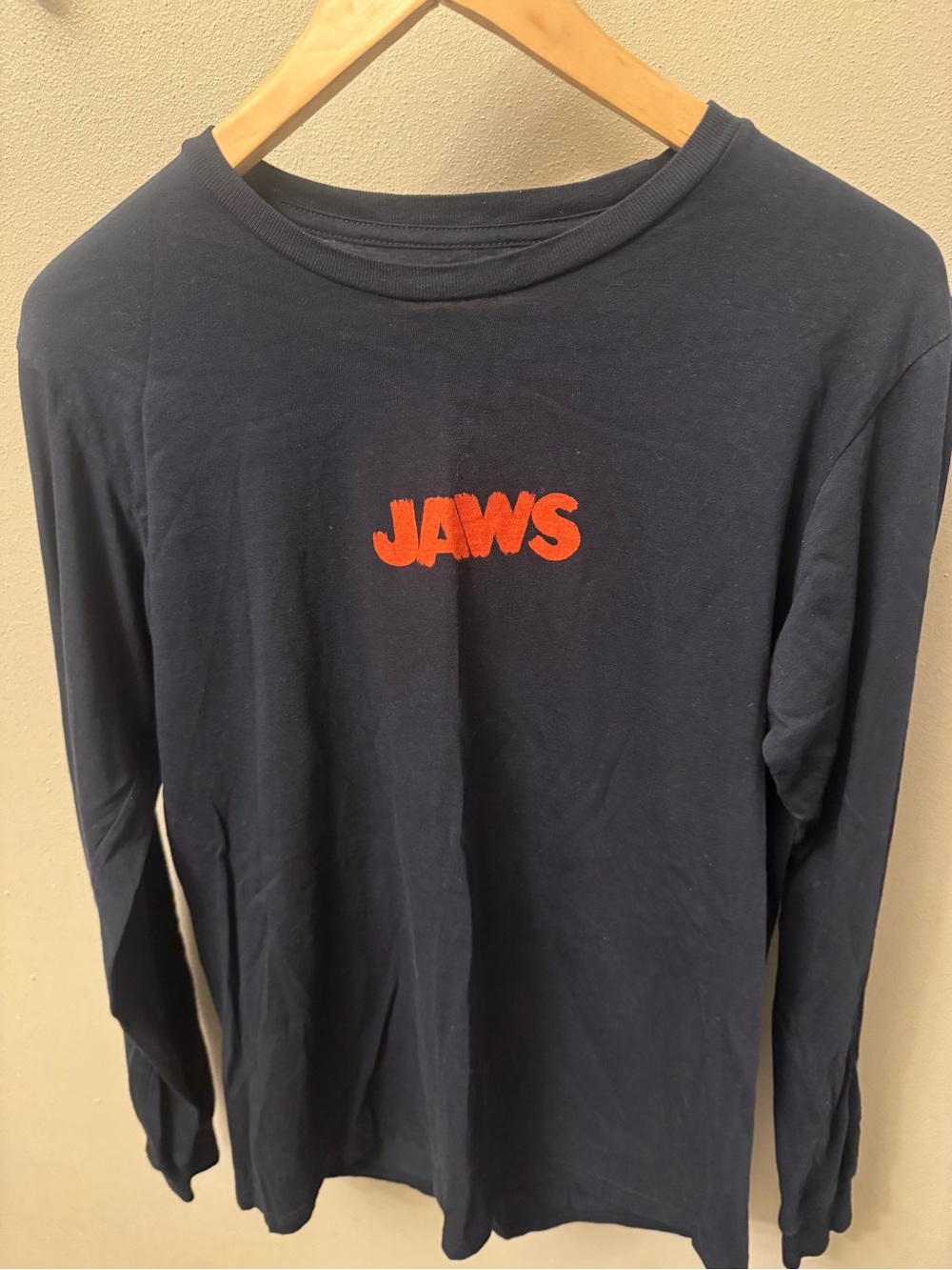 Jaws Long Sleeve Crewneck T-Shirt - Navy with Red Logo Size Small